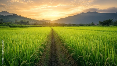 Lush Paddy fields create a vibrant landscape, with Rice flourishing across the grassland, showcasing the beauty of Paddy cultivation and the rich greenery of Rice fields in the background.