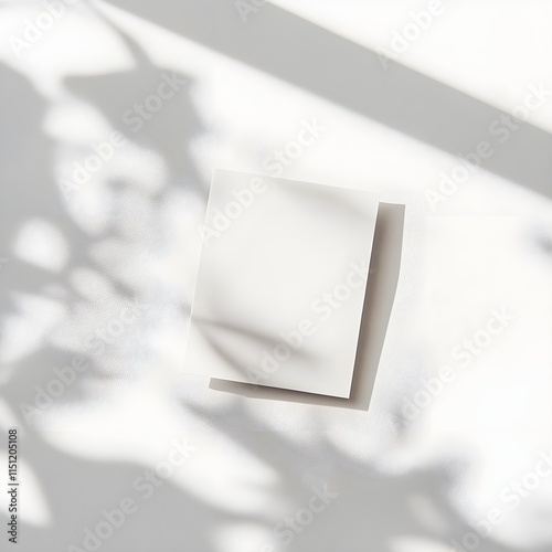 A minimal flat-lay of an empty white card on a clean white background, with soft natural light casting shadows photo