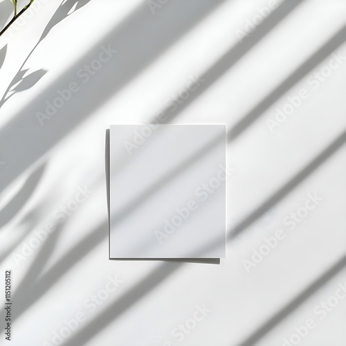 A minimal flat-lay of an empty white card on a clean white background, with soft natural light casting shadows photo