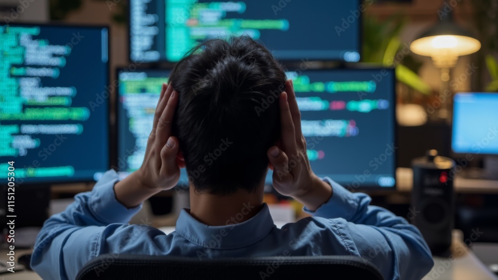 Frustrated developer at computer, facing challenges in coding and debugging, embodies the perseverance and resilience required in the tech industry. Frustrated developer at computer, facing challenges in coding and debugging, embodies the perseverance and resilience required in the tech industry.
