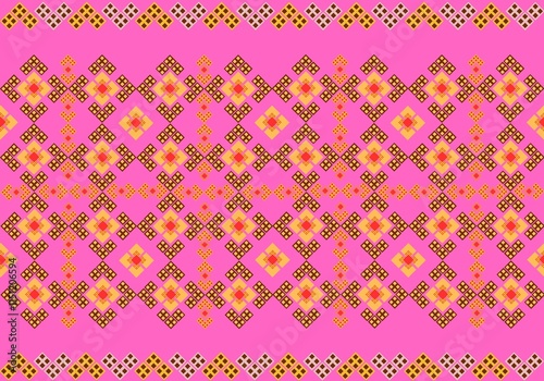 Golden Glow Geometric Tapestry : radiant and intricate pattern featuring golden geometric motifs arranged in symmetrical formations against a vivid pink backdrop.