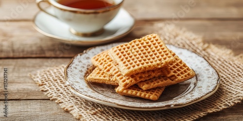 Delicious wafers served on a plate alongside a cup of tea create a perfect pairing for tea time, showcasing the delightful combination of wafers and tea on a rustic wooden background.