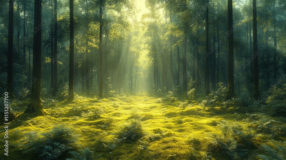 Naklejka premium Sunlit forest path, mossy ground, ethereal.