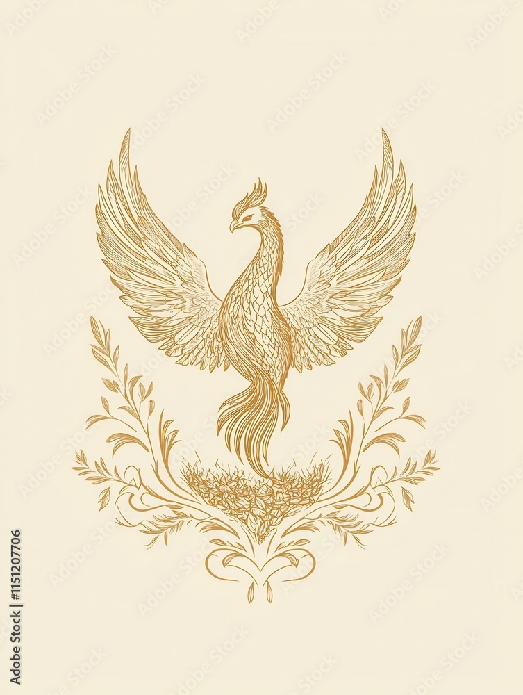 Obraz premium Never give up the mindset of persistence and victory. Golden phoenix illustration with ornate detailing on a light background