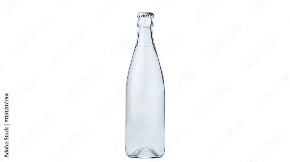Clear Glass Bottle with Water Isolated on White Background 70 Characters