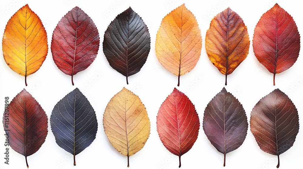 Twelve autumn leaves in various shades of red, orange, brown, and yellow arranged on a white background.