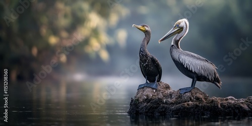 Cormorant perched next to a pelican, showcasing the serene interaction between these two birds. The cormorant and pelican create a unique scene in their natural habitat. photo