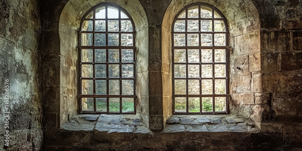 Iron bars are featured prominently on a castle window, showcasing the blend of strength and history. The iron bars add to the architectural charm of the castle window in this captivating image. Iron bars are featured prominently on a castle window, showcasing the blend of strength and history. The iron bars add to the architectural charm of the castle window in this captivating image.