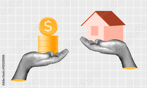 halftone collage, visual money trading and real estate. Offer to exchange,  SEO on real estate concept, investment and property financing