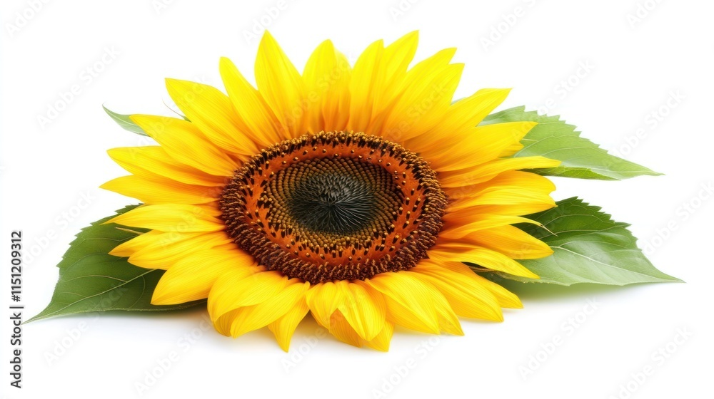 A vibrant sunflower with green leaves on a white background. A vibrant sunflower with green leaves on a white background.