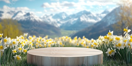Round marble podiums, with snow-covered mountains in the background and a field of flowers
