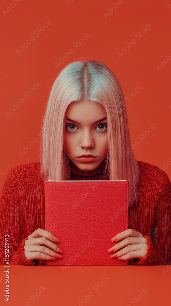 Intriguing portrait of a young woman with a book studio setting vibrant red colors Intriguing portrait of a young woman with a book studio setting vibrant red colors