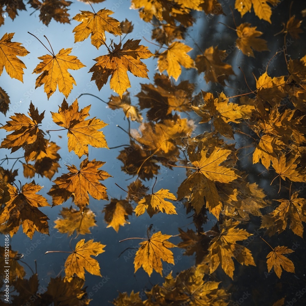 Golden leaves reflected in a glass surface in autumn.
Golden leaves reflected in a glass surface in autumn.