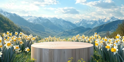 Round marble podiums, with snow-covered mountains in the background and a field of flowers
