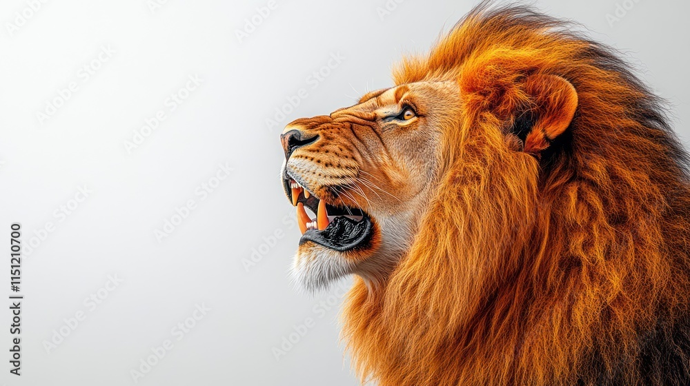 Naklejka premium Profile of a majestic male lion roaring with its mouth open, showcasing its powerful teeth and impressive mane against a neutral background.