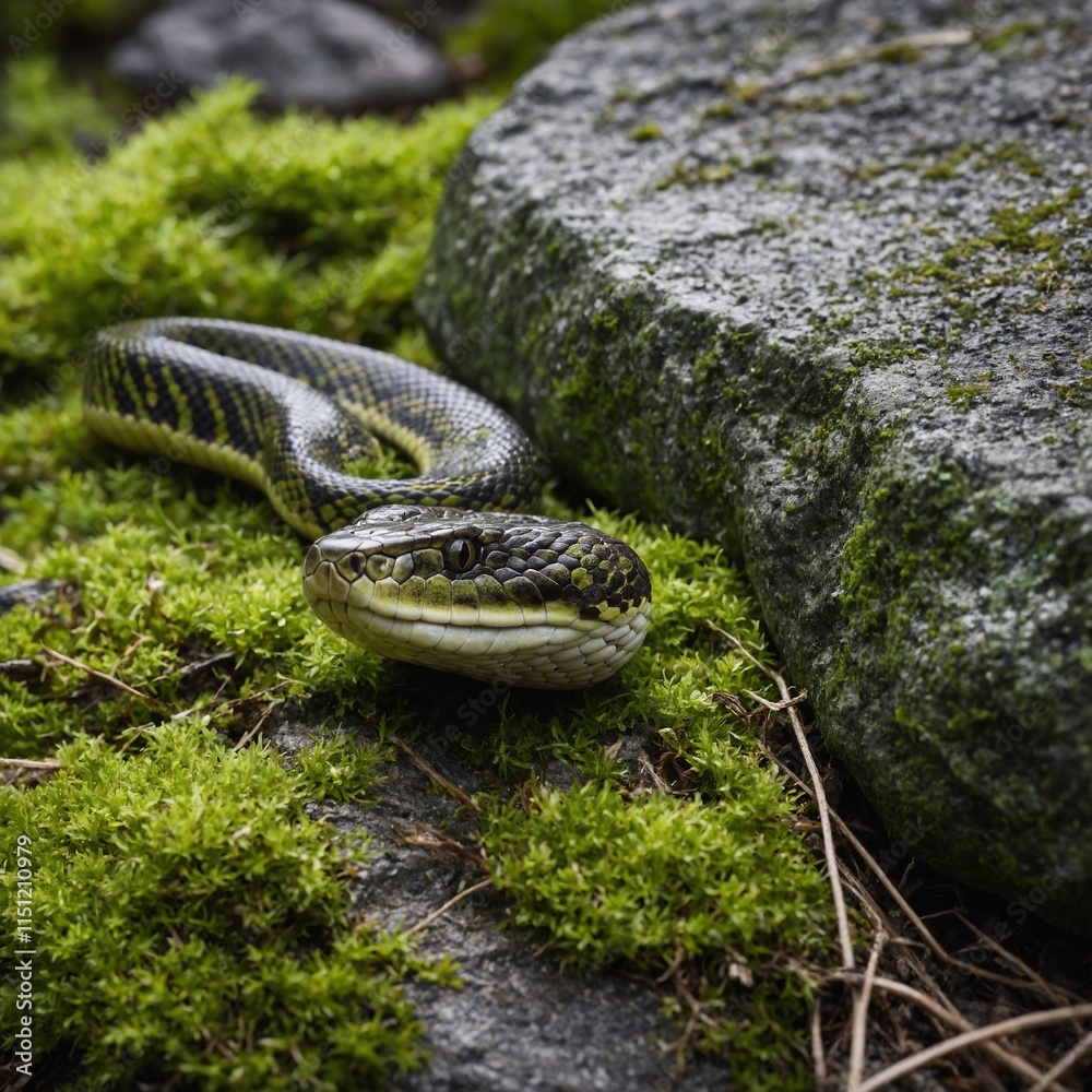Fototapeta premium A snake slithering along a rock covered in vibrant green moss.