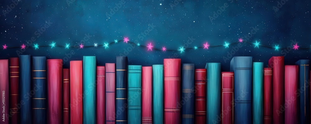 Obraz premium library books and garlands. An enchanted-themed library space with garlands of glow-in-the-dark stars and book illustrations, library books garlands, magical and mystical decor