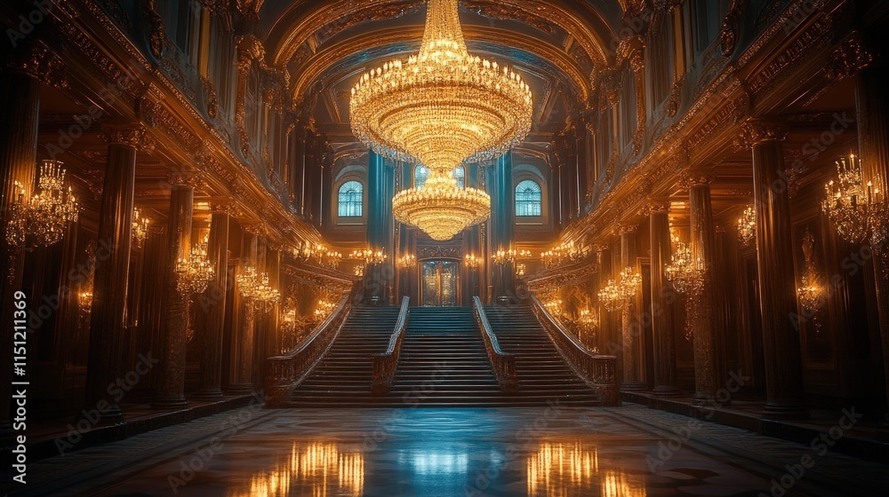Fototapeta premium Grand staircase, opulent chandeliers, gilded hall.