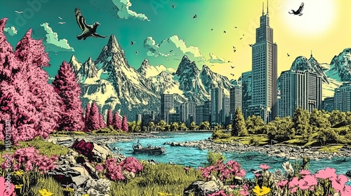 transforming cityscapes: a dynamic 3d animation journey from nature to tech - perfect for educational narratives and as a stunning sports interior poster!