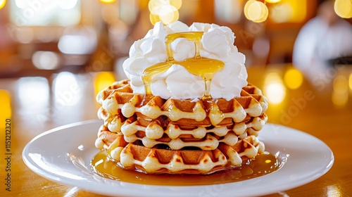 Stacked waffles topped with whipped cream and syrup on a plate in a warm setting. photo