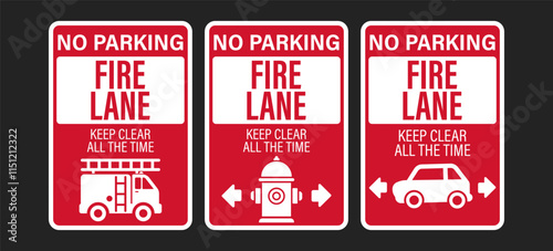 Red fire lane sticker label sign: Fire Department, No Parking, for emergency vehicle access and safety