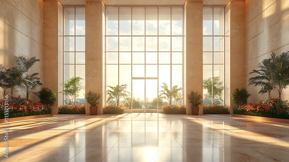 Modern Lobby with Lush Garden View. Concept of Luxury, Tranquility, and Modern Architecture. Modern Lobby with Lush Garden View. Concept of Luxury, Tranquility, and Modern Architecture.