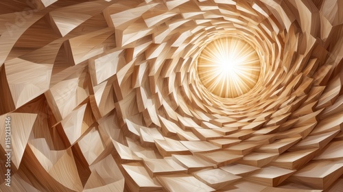 Opportunity through resilience in chaos concept. Wooden spiral tunnel illuminated by light at the center creates a warm ambiance