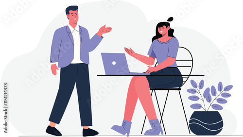 A dynamic 2D vector illustration depicting a group of professionals engaging in a collaborative discussion in an office setting.