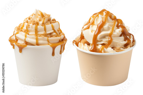 Creamy dulce de leche ice cream topped with caramel sauce and whipped cream, served in two cups isolated on transparent background PNG cutout.