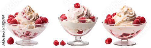 Set of three creamy white chocolate raspberry ice cream served in elegant bowls, topped with fresh raspberries and drizzle of sauce, isolated on transparent background.