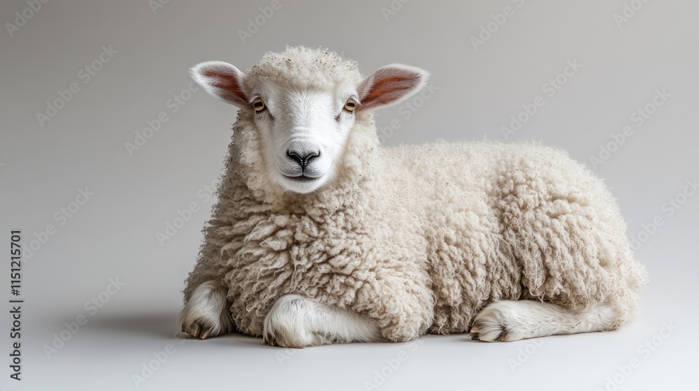 Fototapeta premium Fluffy white lamb sitting on light grey background.