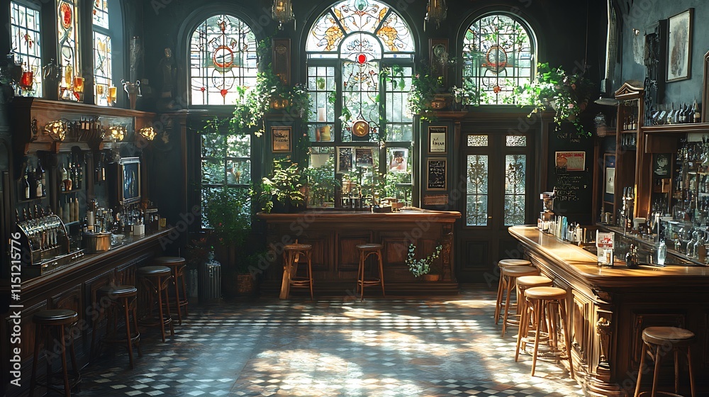 Obraz premium Vintage Pub Interior, Dark and Cozy. Concept of Traditional Irish Pub, Relaxation, and Hospitality.
