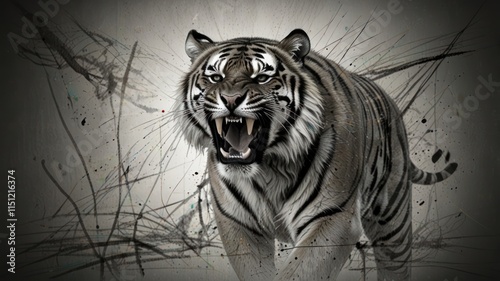 A Roaring White Tiger in Abstract Artistic Setting photo