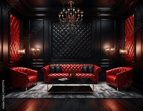 Elegant Red Leather Lounge Dark Interior Crystal Chandelier