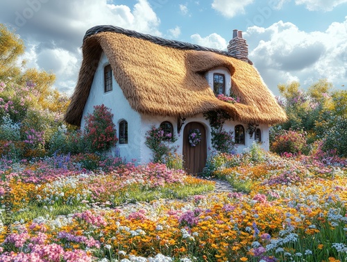 Thatched cottage nestled in vibrant flower garden.