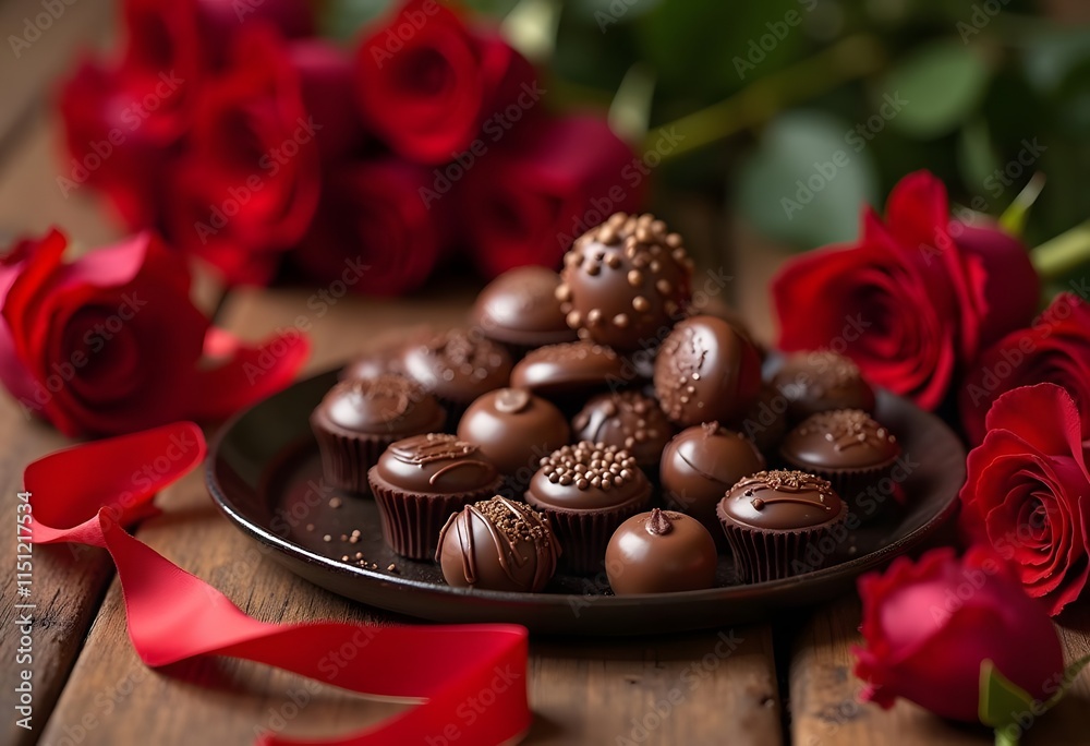 Red roses and chocolate pralines in red heart shaped gift box background
Red roses and chocolate pralines in red heart shaped gift box background