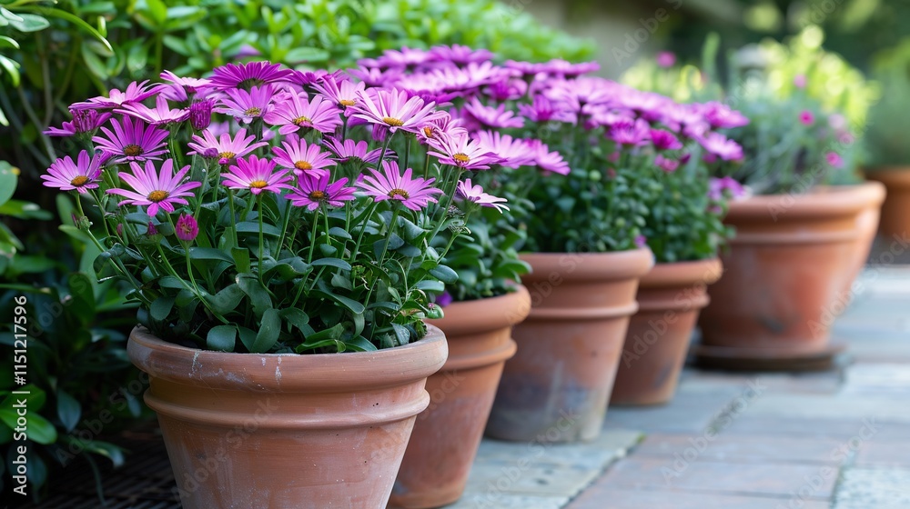 Vibrant Purple Osteospermum Flowers in Terracotta Pots Vibrant Purple Osteospermum Flowers in Terracotta Pots