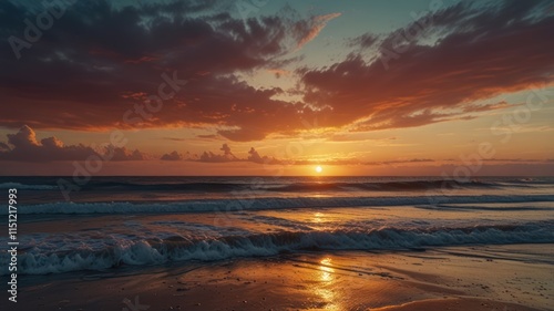 Dramatic Sunset Over Ocean Waves and Sandy Beach