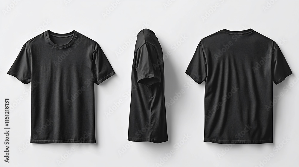 Three views of a plain black t-shirt on white background. Three views of a plain black t-shirt on white background.