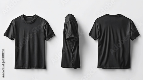Three views of a plain black t-shirt on white background.