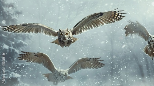 Majestic Owls in Winter Flight: A Breathtaking Snow Scene photo