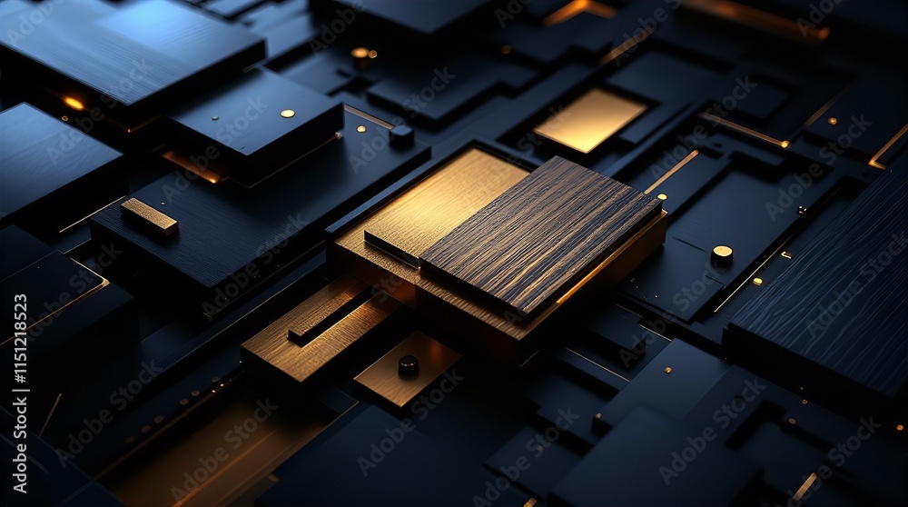 Abstract Dark Gold and Black Geometric Composition, Luxurious 3D Render, Close-up Perspective, High-Contrast Lighting, Detailed Textures Abstract Dark Gold and Black Geometric Composition, Luxurious 3D Render, Close-up Perspective, High-Contrast Lighting, Detailed Textures