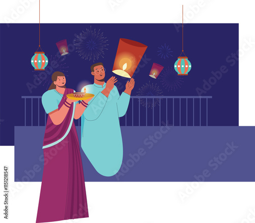 A vibrant 2D vector illustration capturing the joyous spirit of Diwali with glowing sky lanterns floating against a deep twilight sky. 