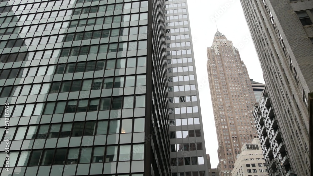 Obraz premium New York City Lower Manhattan, Downtown Financial District street architecture, United States. High-rise skyscrapers, residential and office buildings, american real estate or USA realty. FiDi towers.