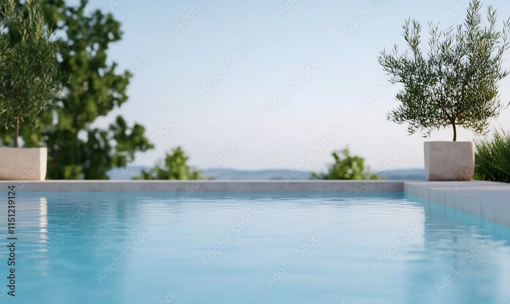 A serene pool scene with olive trees and a tranquil landscape. A serene pool scene with olive trees and a tranquil landscape.