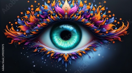 A Vivid, Ornate Eye Surrounded by a Kaleidoscope of Colorful Feathers and Floral Elements, set against a Dark Blue Background