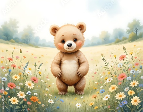 Adorable Brown Bear Cub Flower Meadow Soft Pastel Style photo