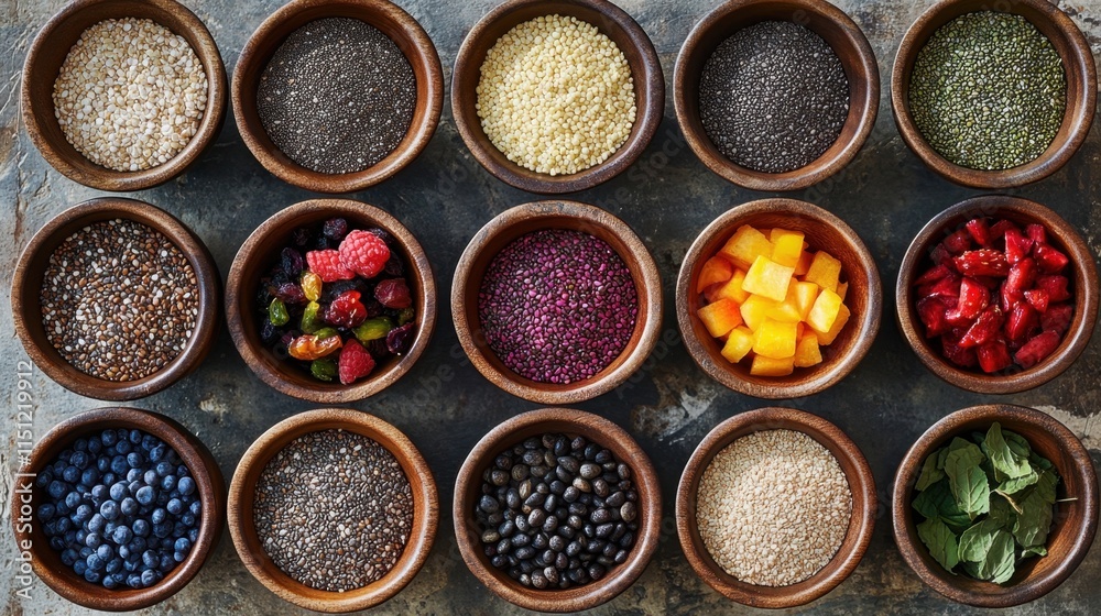 A variety of nutrient-dense superfood bowls arranged artistically, featuring vibrant ingredients like quinoa, chia, and colorful fruits. A variety of nutrient-dense superfood bowls arranged artistically, featuring vibrant ingredients like quinoa, chia, and colorful fruits.
