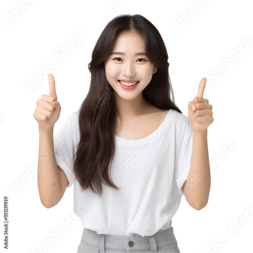 Happy young Asian woman feeling happiness and gesture thumb up on white background