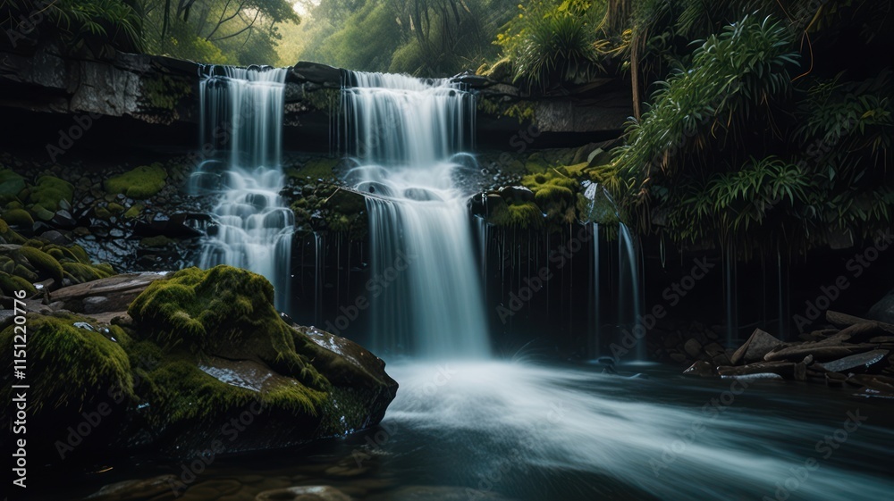 Fototapeta premium Serene Waterfall Cascading Through Lush Green Forest